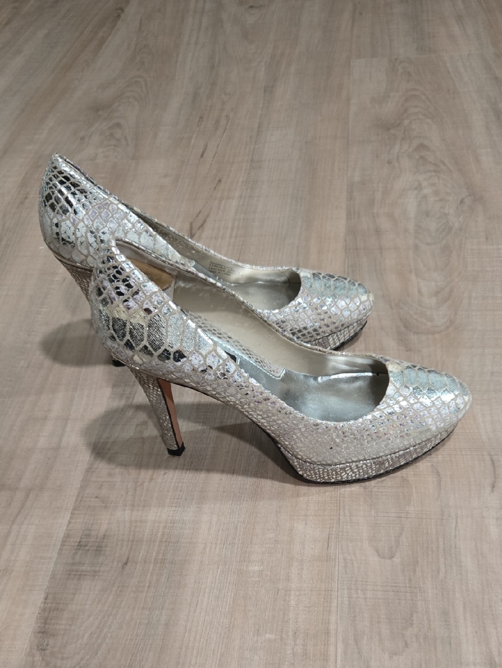 White House Black Market Silver Snakeskin Platform Pumps
